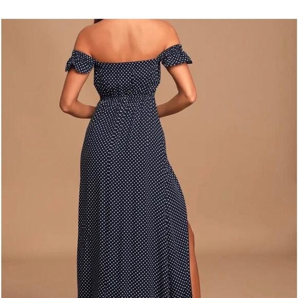 Lulu’s Navy Polka Dot Off-Shoulder Maxi Dress - Small - Picture 3 of 9